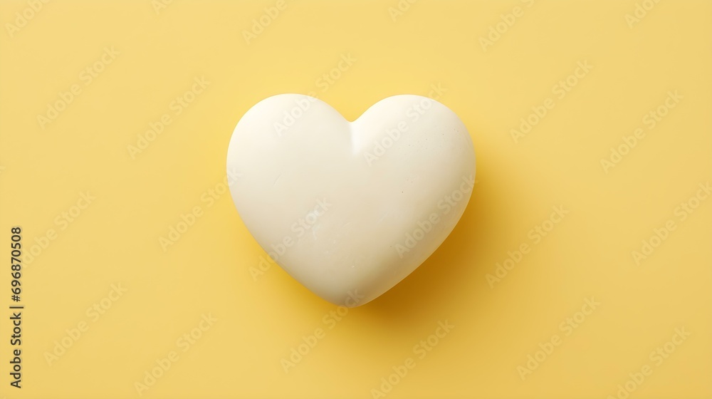 Top View of a White Stone Heart on a light yellow Background. Romantic Template with Copy Space