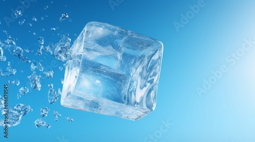 Falling ice cube on a blue background. Frozen water.