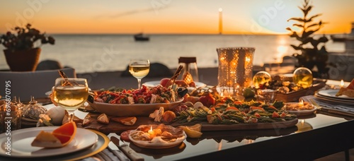 Luxurious Christmas dinner on a yacht, elegant table setting, and festive atmosphere by the sea. photo