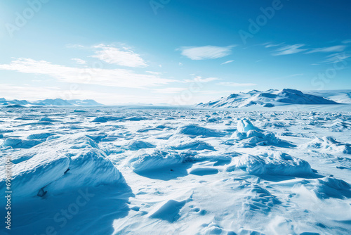 Arctic open sky, a vast icy landscape with clear skies, creating a sense of openness and purity, allowing for creative use of copy space against the pristine Arctic environment.