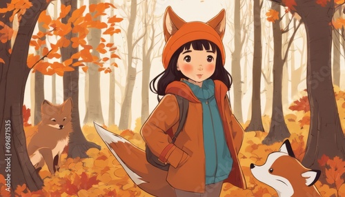 A girl in an orange jacket with a fox tail stands with two foxes