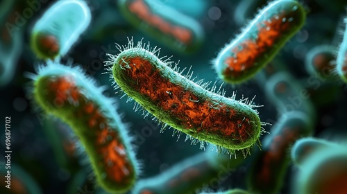 Close-up of 3D microscopic bacteria in the body. Medical concept of scientific research in bacteriology photo