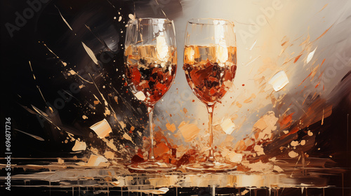 Abstract painting of wine glasses with golden red splashing. Digital art