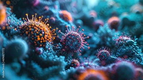 Close-up of influenza virus and coronavirus in the body. Medical concept of scientific research in virology and microbiology © barinovalena