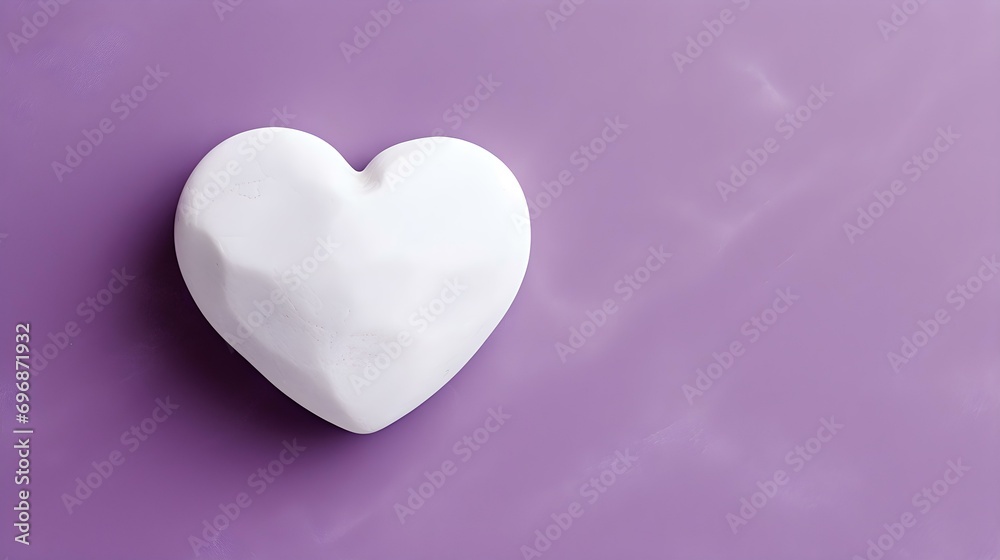 Top View of a White Stone Heart on a purple Background. Romantic Template with Copy Space