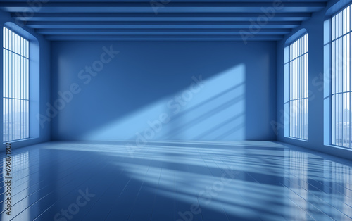 Interior design of a blue empty room, hall, hall, basement, bedroom, studio with large windows and light