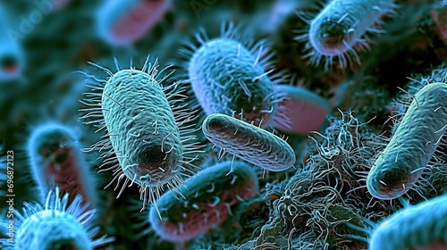 Close-up of 3D microscopic bacteria in the body. Medical concept of scientific research in bacteriology