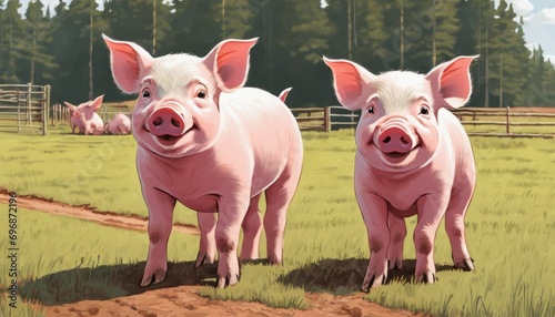 Two pigs standing in a field