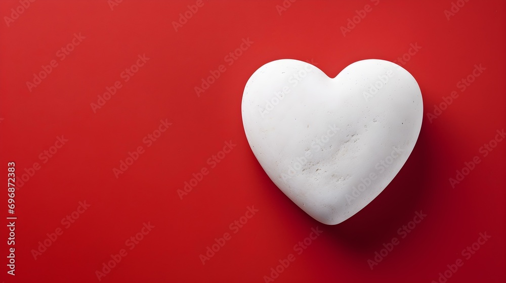 Top View of a White Stone Heart on a red Background. Romantic Template with Copy Space
