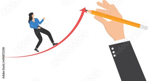 Hand drawn arrow, Helps businesswoman executives to success. Concept business success illustration. Vector cartoon character and abstract

