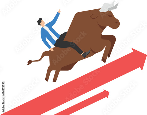 Businessmen ride a bull. Concept business vector illustration. Flat design style.

