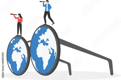 Business team standing on eyeglasses and searching world map for success. Concept business vector illustration.

