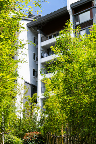 Modern apartment buildings with Chinese style rooftops