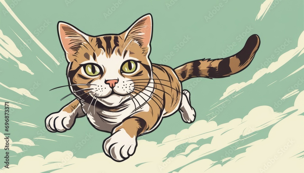 A cat in mid air with a green background