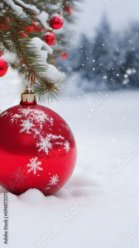 Image de Noël avec des boules de sapin rouge aux reflets, dans la neige, de petits flocons de neige tombant