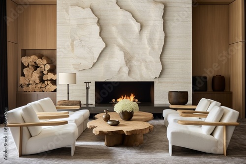 Step into a modern oasis with four white armchairs placed gracefully around a natural wood live edge coffee table. The stone paneling on the wall elevates the room's ambiance, embodying 