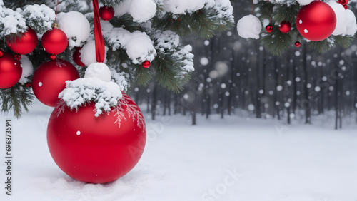 Image de Noël avec des boules de sapin rouge brillant avec des reflets, dans la neige, de petits flocons de neige tombant