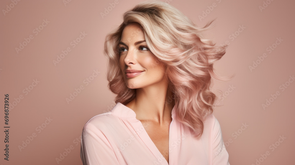 Beautiful Woman Face close up studio on peach background. Makeup. Beauty Portrait of female Face with smokey eyes and arrows