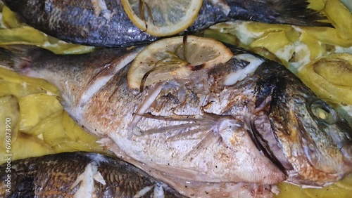 Sea Bream fish baked in a tray among potatoes with garlic lemon and rosemary. Tasty gilthead seafood, fresh cooked with hot steam coming out of meal photo