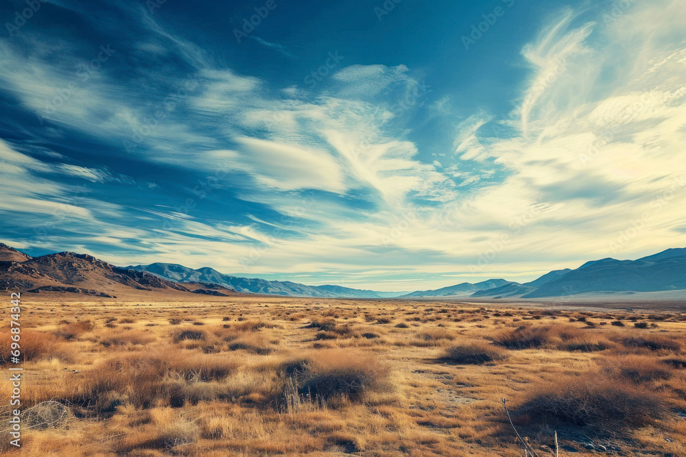 Desert tranquility, expansive open sky over a tranquil desert landscape, providing a canvas of solitude and vastness, an ideal setting for creative copy and design elements.