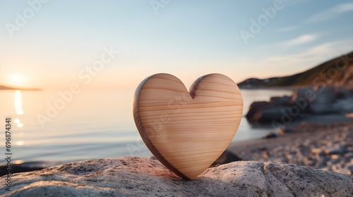 Close up of a beige wooden Heart in front of a beautiful Seascape. Blurred natural Background