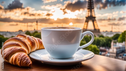 A white cup of coffee in the morning with croissant on the background of the Eiffel Tower at noon. France  morning  vacation.