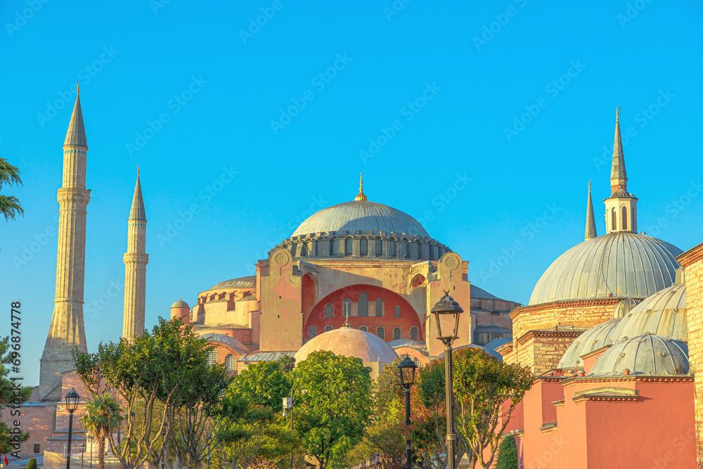 Obraz premium Hagia Sophia Grand Mosque of Istanbul, Turkey. A magnificent monument of Byzantine and Islamic civilizations. Originally built as a church, it later became a museum and then a mosque again.