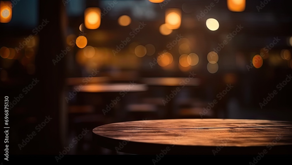 Fototapeta premium Scene bar captures essence of modern yet cozy space. Vintage wooden table bathed in warm light serves as focal point against dark ambiance of night on blurred cafe background