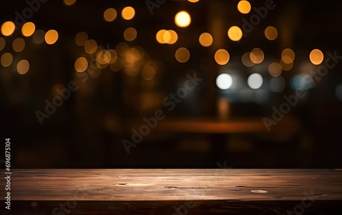 Scene bar captures essence of modern yet cozy space. Vintage wooden table bathed in warm light serves as focal point against dark ambiance of night on blurred cafe background