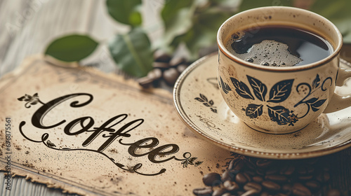 cup of coffee with beans and old paper with coffee text in vintage style on wooden background 