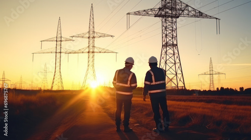 two worker watching the power tower and substation with sunset background