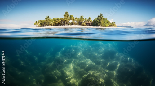 Insel im Meer, Halb aus dem Wasser, Unterwasser, Grund, Ozean, generative AI photo