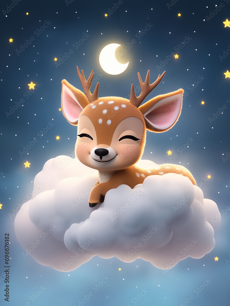 cervo voando em um céu com nuvens estrelas e a lua ao fundo - Ilustração fofa infantil