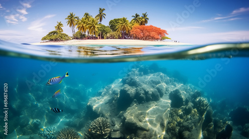 Insel im Meer, Halb aus dem Wasser, Unterwasser, Grund, Ozean, generative AI photo