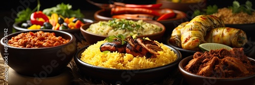 Close-up of a variety of traditional foods from around the world, cultural diversity in cuisine