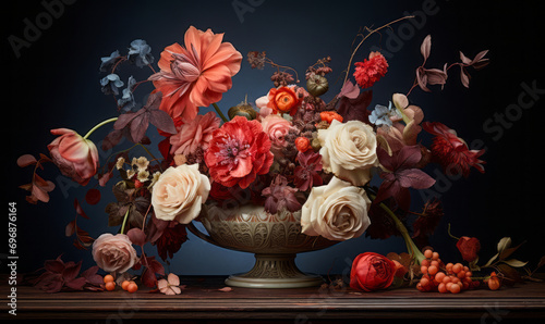 Baroque Still Life with Ornate Floral Arrangement in a Classic Vase on a Dark Vintage Background