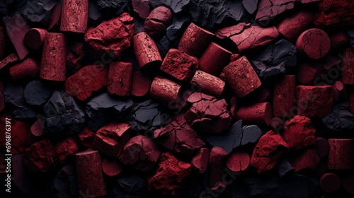 A vibrant display of contrasting hues, as a pile of crimson and ebony items evokes a sense of boldness and mystery