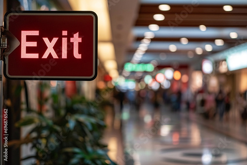 "Exit" sign in a bustling shopping mall, emphasizing the blend of commerce and safety