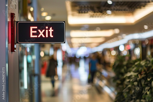 "Exit" sign in a bustling shopping mall, emphasizing the blend of commerce and safety © forenna