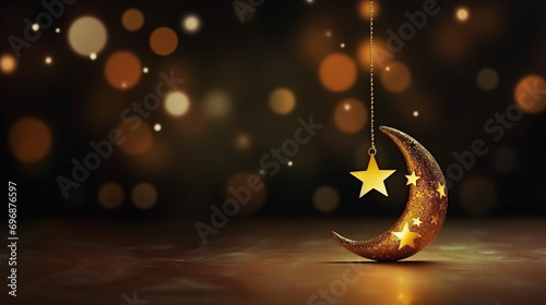 Ramadan Kareem greeting card - crescent and mosque silhouette, hanging stars photo