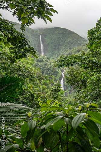 Carbet Falls a series of waterfalls on the Carbet River in Basse-Terre in a tropical rainforest on lower slopes of volcano La Soufriere., Guadeloupe, Caribbean