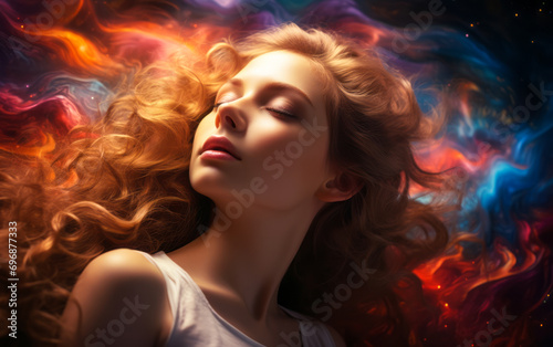 Cosmic Dreamer: Serene Young Woman with Flowing Hair Amidst a Vivid Cosmic Nebula Background