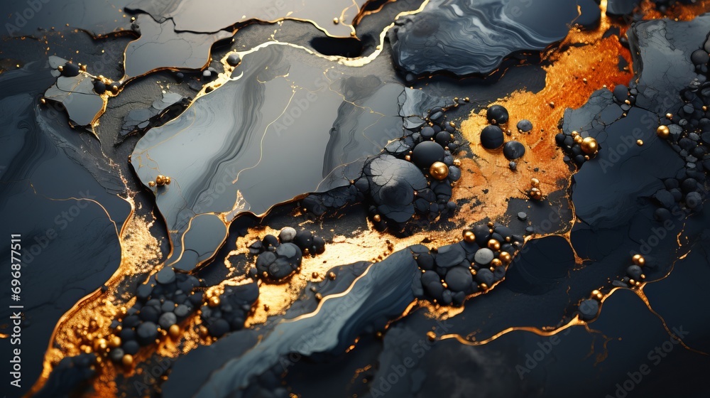 An icy winter reflection on a black and gold marbled surface, merging nature and abstract art through the fluidity of water and the opulence of gold