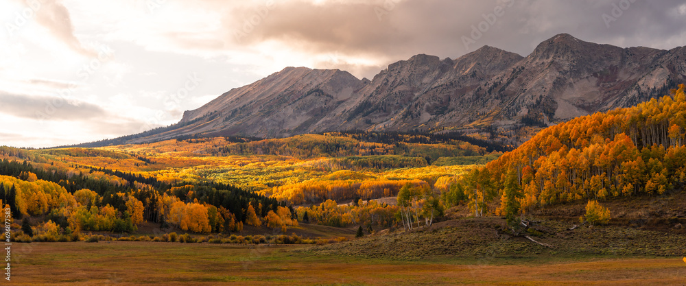 Panoramic Vista Colorado Colorful Autumn Scenery. Beautiful Mountains, Trees, and Fields of Fall Foliage.