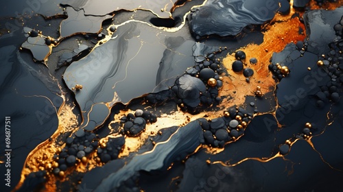 Obraz na płótnie An icy winter reflection on a black and gold marbled surface, merging nature and abstract art through the fluidity of water and the opulence of gold w salonie