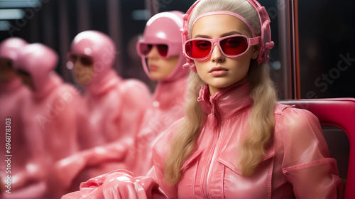 Woman wearing pink glasses and pink outfit with pink hair. photo