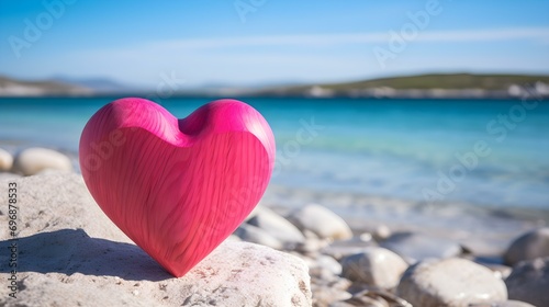 Close up of a hot pink wooden Heart in front of a beautiful Seascape. Blurred natural Background