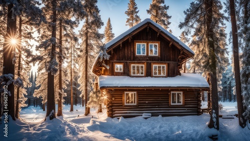 Log house in Siberia in winter, frost on the trees © poto8313