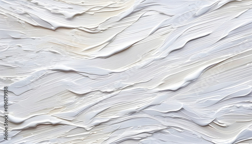 High-resolution close-up of textured white abstract art painting, emphasizing oil brushstroke and palette knife paint on canvas, creating a seamless pattern.