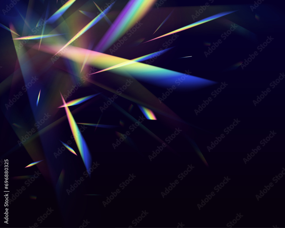Blurred rainbow refraction overlay effect. Light lens prism effect on transparent background. Vector rainbow crystal light. 